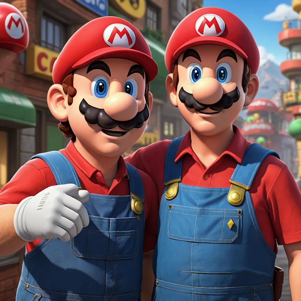 two men in overalls and hats standing next to each other in front of a store front with a mario and luigi on it, sots art, concept art, Chris LaBrooy, unreal engine 5 quality render