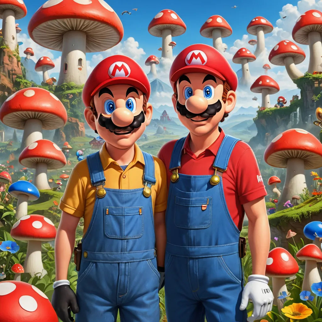 two people standing in front of a mushroom field with mushrooms on it and a sky background with clouds and mushrooms, pop surrealism, concept art, Chris LaBrooy, game art