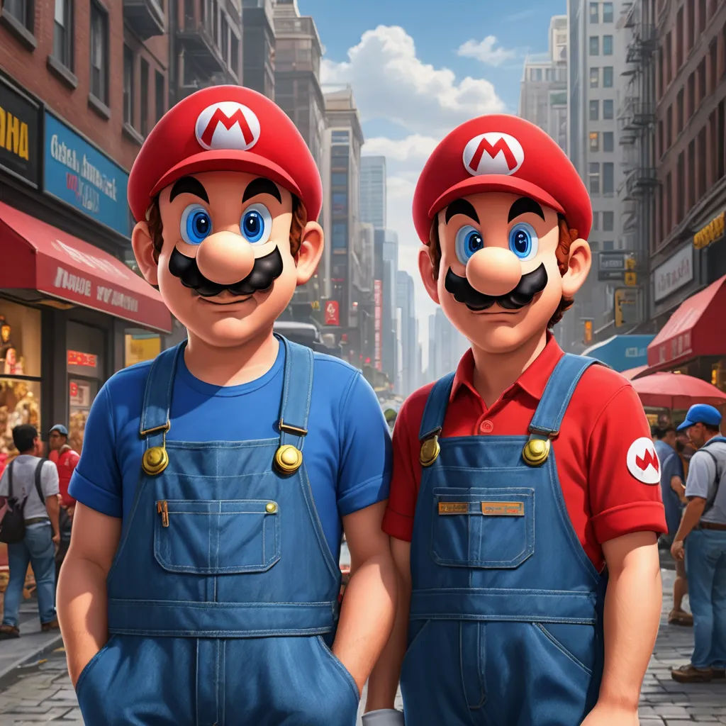two men in overalls and hats standing in front of a street with buildings and people in the background, hyperrealism, a photorealistic painting, Chris LaBrooy, ultra realistic digital art