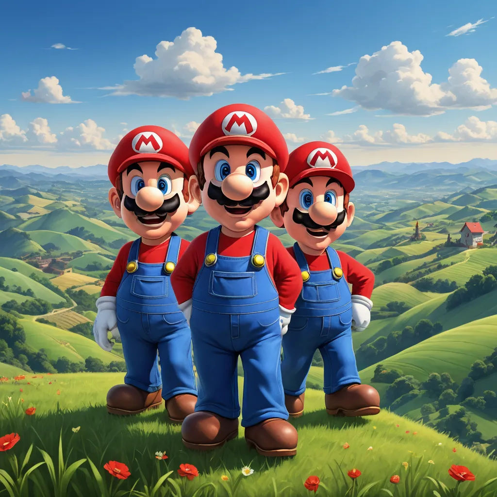 three mario brothers standing in a field with a blue sky in the background and a green valley in the foreground, pop surrealism, a matte painting, Chris LaBrooy, official art