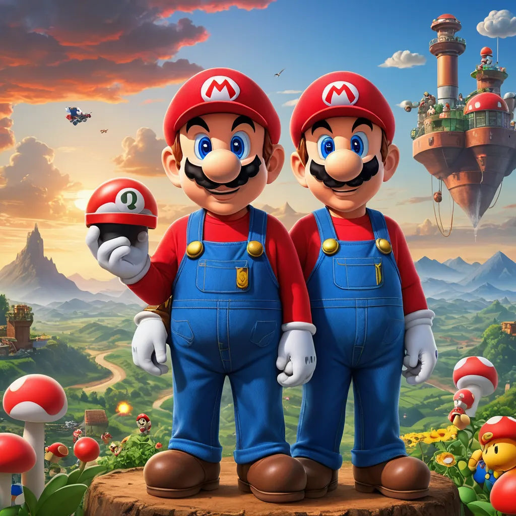two mario brothers standing next to each other in front of a landscape with a castle and mushroom land in the background, sots art, concept art, Chris LaBrooy, key art