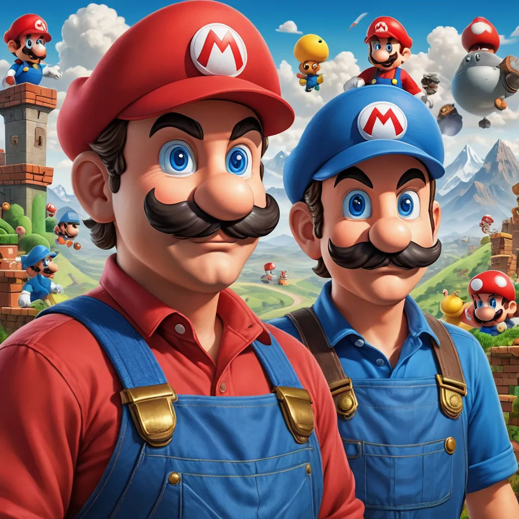 two men with mustaches and hats on in front of a backdrop of mario and luigi's world, sots art, concept art, Chris LaBrooy, key art