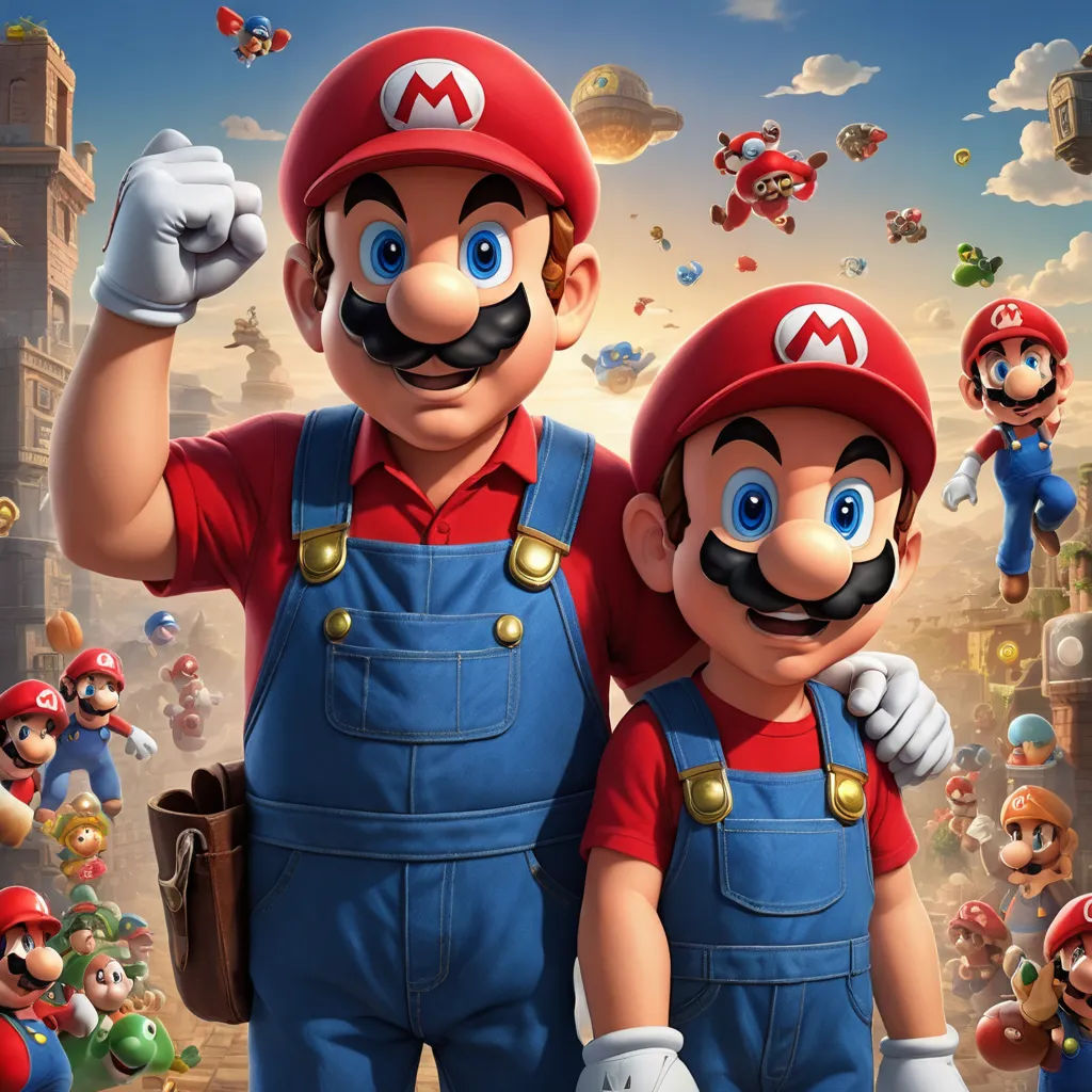 a couple of nintendo bros standing next to each other in front of a crowd of people with mario's heads on, sots art, concept art, Eddie Mendoza, key art