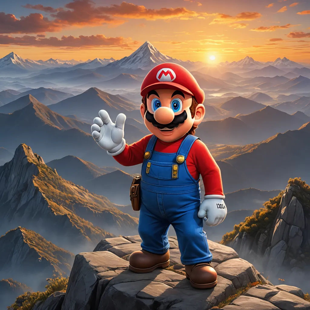 a cartoon character standing on top of a mountain with a sunset in the background and mountains in the foreground, sots art, a 3D render, Chris LaBrooy, unreal engine 5 quality render