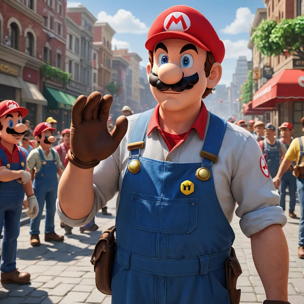 a man in a mario bros outfit standing in front of a crowd of people in a city street with buildings, sots art, concept art, Chris LaBrooy, unreal engine highly rendered