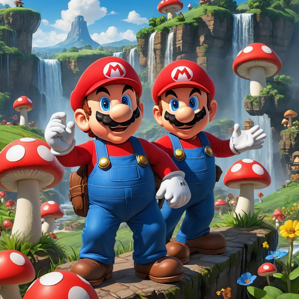 two mario brothers standing on a rock in front of a waterfall and mushroom land with a waterfall in the background, sots art, concept art, Chris LaBrooy, official art