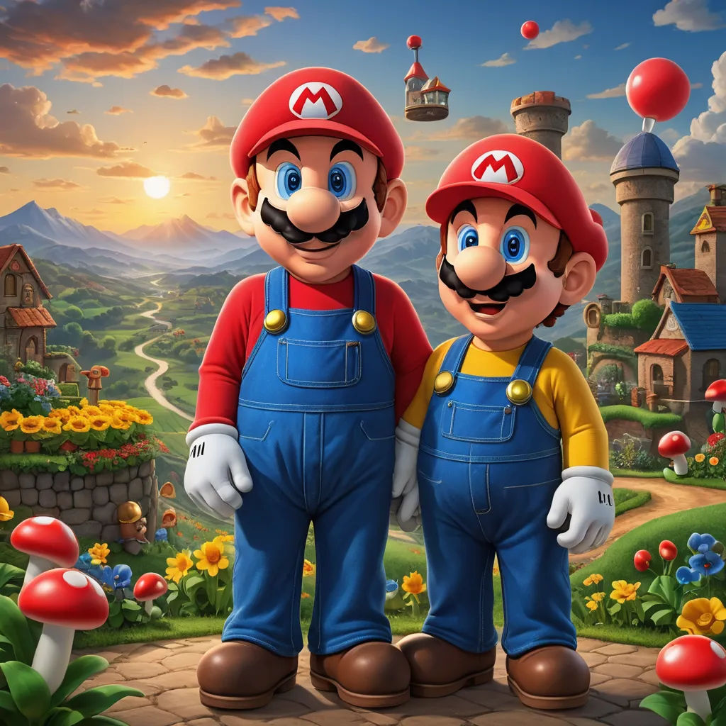 two mario and luigi are standing in front of a castle with a mushroom on it and a castle in the background, sots art, concept art, Chris LaBrooy, official art