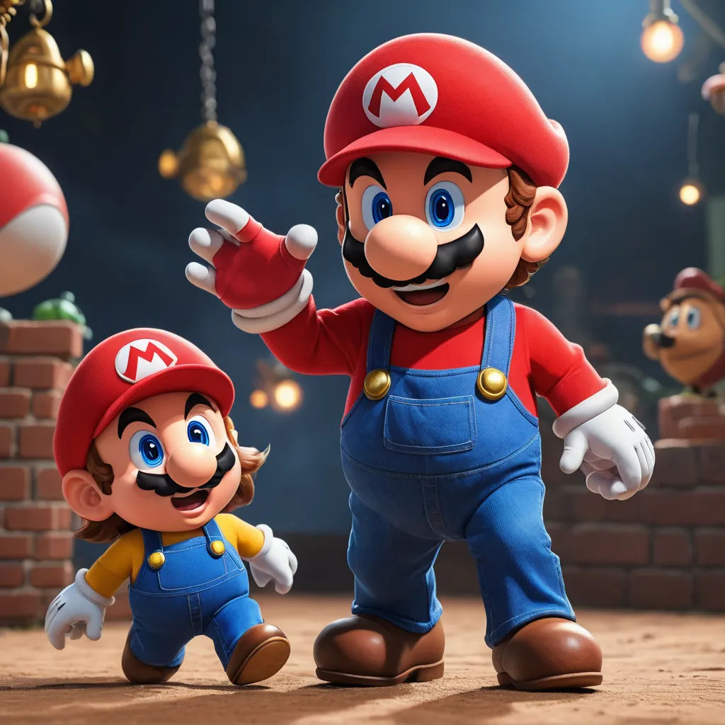 a nintendo mario and luigi are standing next to each other in a room with lights and decorations on the ceiling, sots art, a 3D render, Chris LaBrooy, unreal engine 5 quality render
