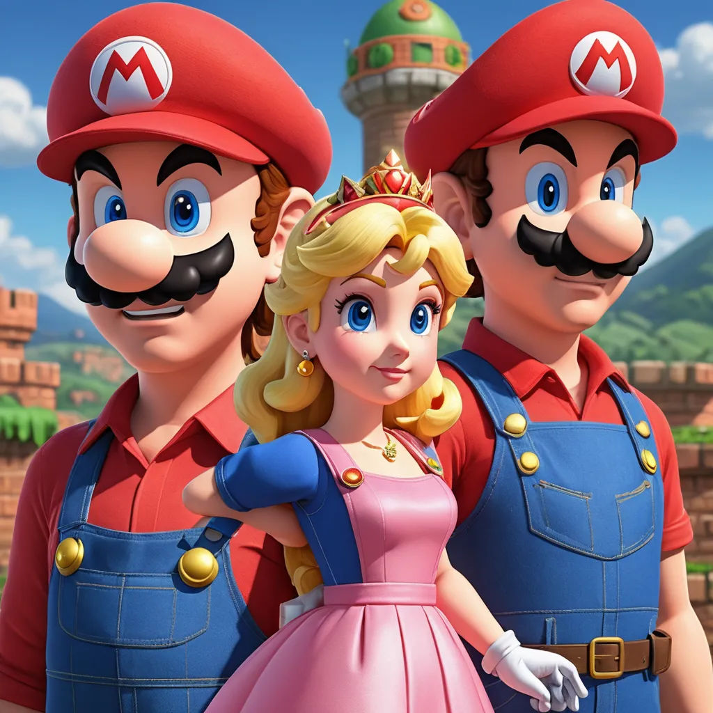 a group of people in mario and luigi's costumes standing next to each other in front of a castle, sots art, concept art, Bourgeois, official art