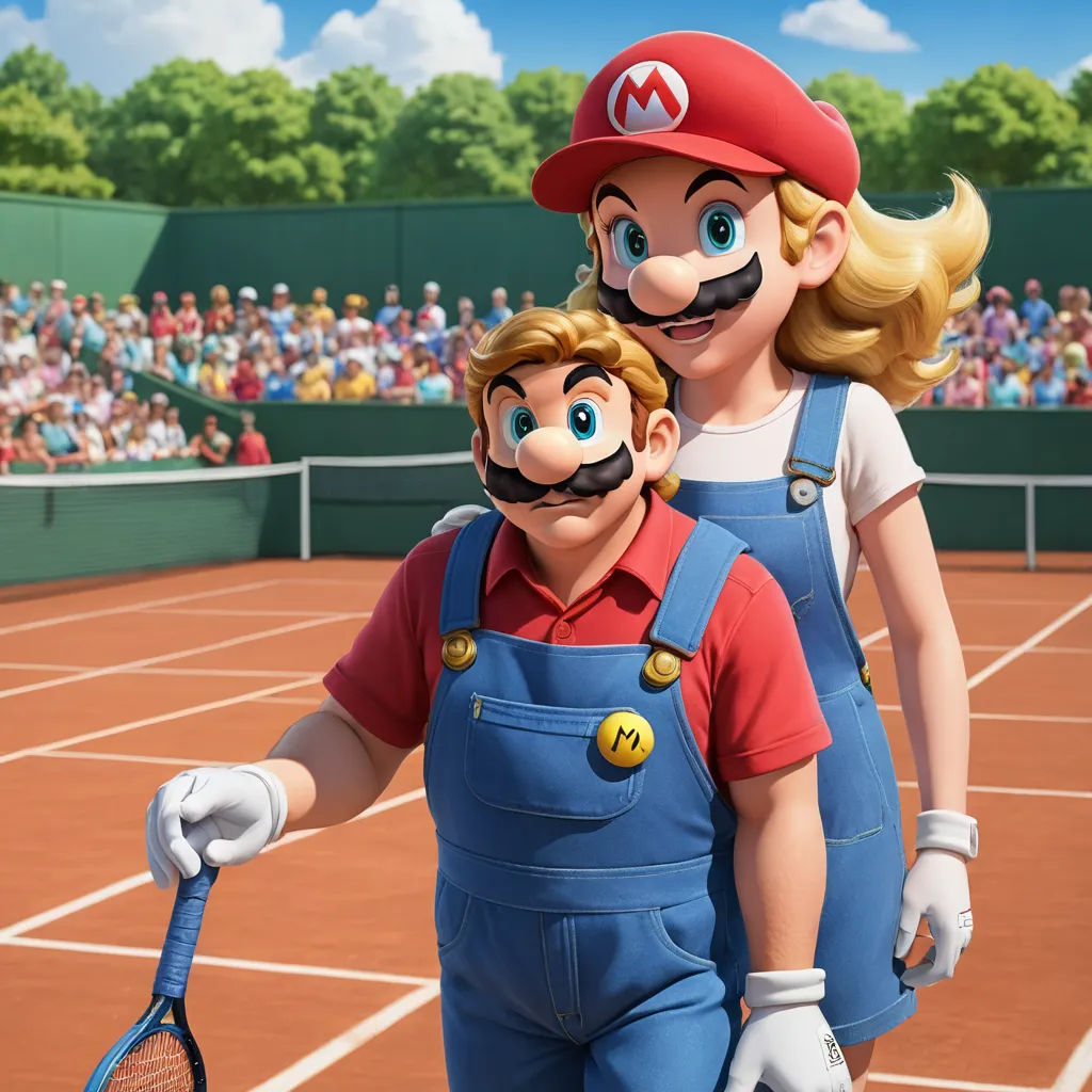 a man and a woman are standing on a tennis court with a man in overalls and a hat, hyperrealism, concept art, Chris LaBrooy, unreal engine 5 quality render