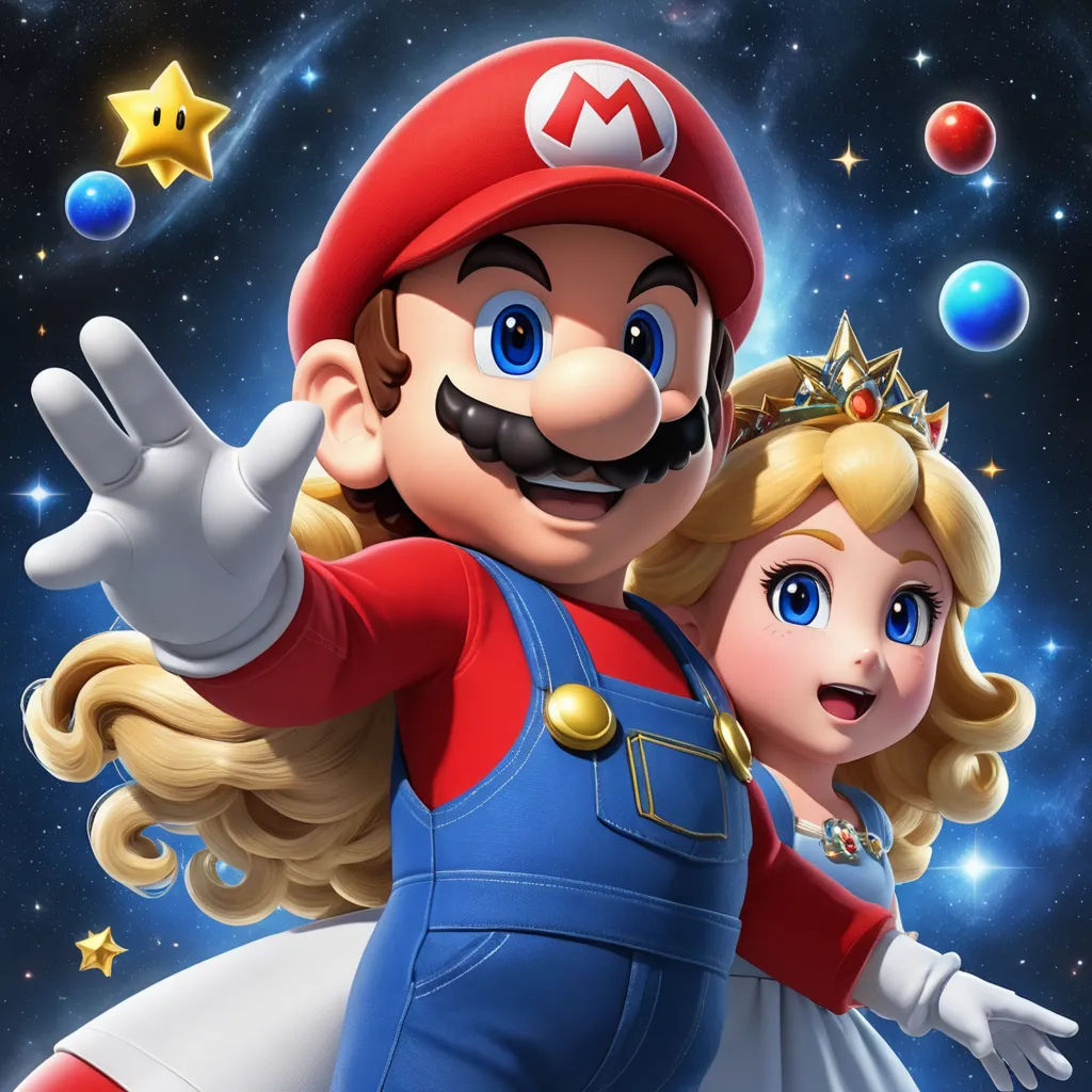 a mario and princess peach in a cartoon style scene with bubbles and stars in the background, and a blue sky with stars, space art, concept art, Ay-O, key art