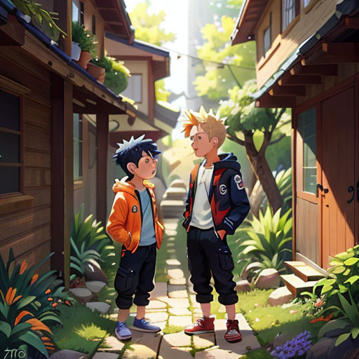 two young boys standing in a narrow alley way in a cartoon style, looking at each other, with a house in the background