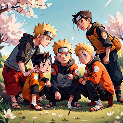 a group of people standing next to each other in a field of flowers and trees with a sky background