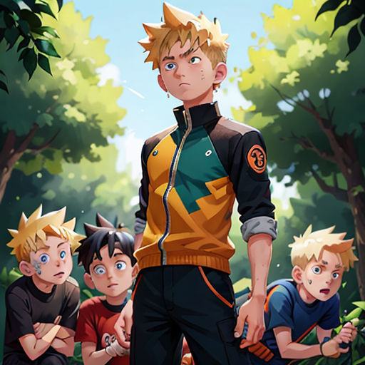 a man standing in front of a group of kids in a forest with trees and bushes behind him, with a cartoon of him