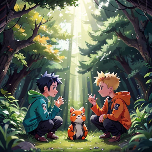 two boys sitting in the woods with a cat and a fox on the ground, one boy is holding a fox