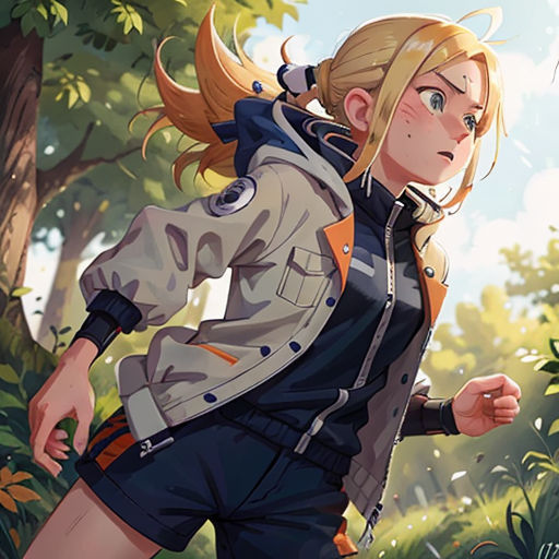 a woman in a jacket and shorts running through a forest with trees and flowers in the background, with a sky background