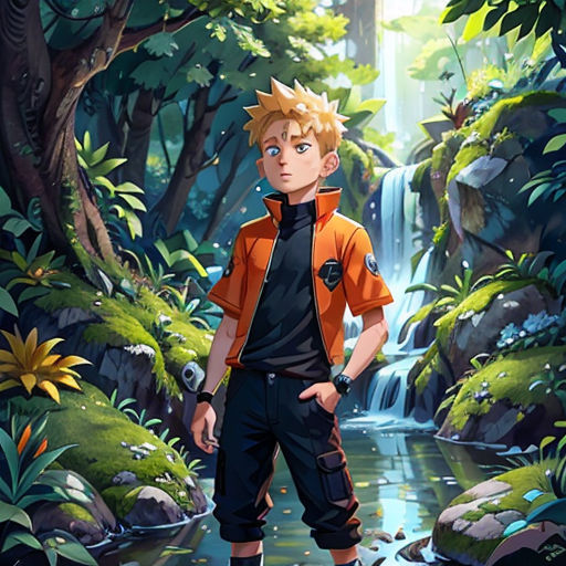a boy standing in front of a waterfall in a forest with a waterfall in the background and a waterfall in the foreground