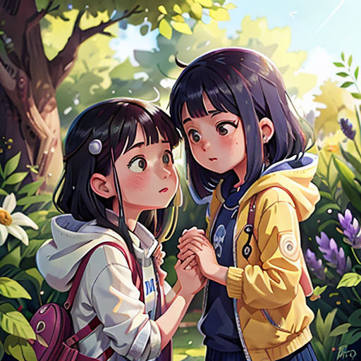 two girls standing next to each other in a forest with flowers and trees behind them, one of them is holding the other's hand