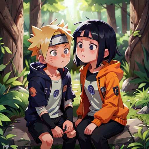 two people sitting on a rock in the woods with trees and bushes behind them, one of them is wearing a yellow jacket