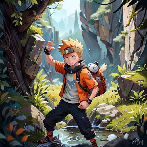 a boy with a backpack and panda bear in a forest with rocks and trees, and a stream running through it