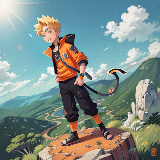 a young man in an orange jacket is standing on a rock with a cat in his hand and a mountain in the background
