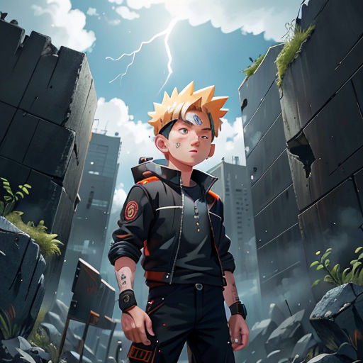 a man in a black suit standing in front of a cityscape with a lightning in the background