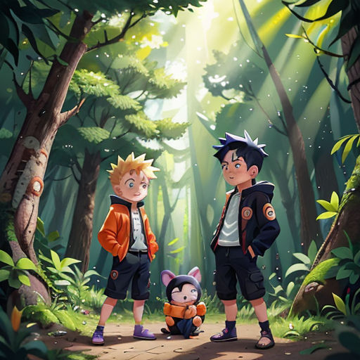 a couple of kids standing next to each other in a forest with a cat on the ground and a dog on the ground