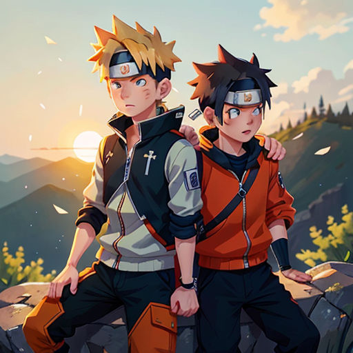 two people standing next to each other on a mountain top with trees and mountains in the background and a sky with clouds
