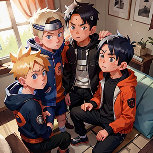 a group of young boys sitting next to each other in a living room with a window behind them and a couch