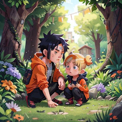 a couple of kids sitting on top of a lush green field next to trees and flowers in a forest
