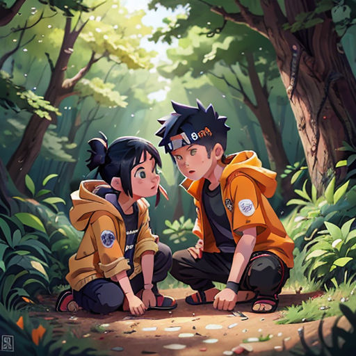 two people sitting on the ground in the woods with trees and leaves around them, one of them is looking at the other