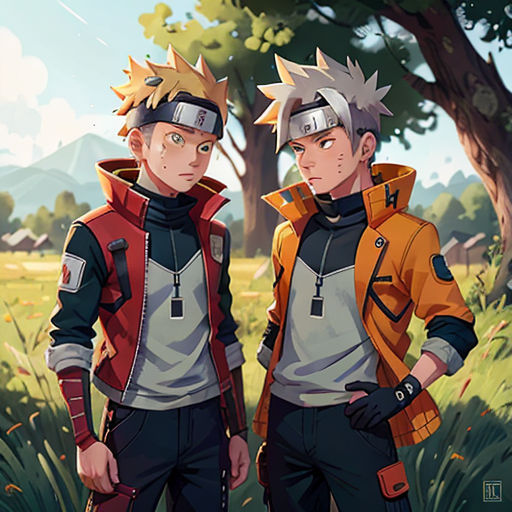 two people standing next to each other in a field of grass and trees with trees in the background and a sky with clouds