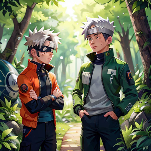 two people standing next to each other in a forest with trees and bushes behind them, one of them is wearing a green jacket and the other is wearing a red jacket
