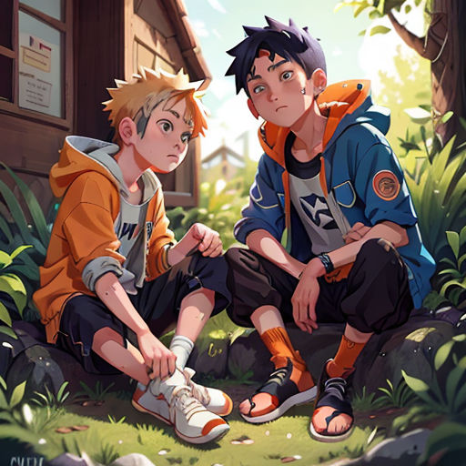 two boys sitting on the ground in front of a house and trees, one of them is wearing a hoodie