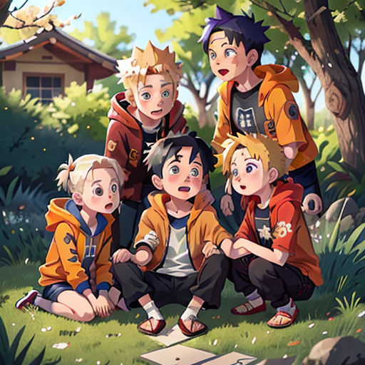 a group of young boys sitting next to each other in a forest with a house in the background and trees