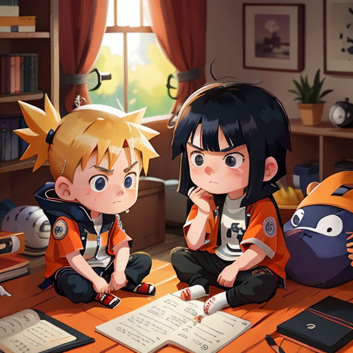 two anime characters sitting on the floor in a room with books and a laptop computer on the table, and a cat on the floor