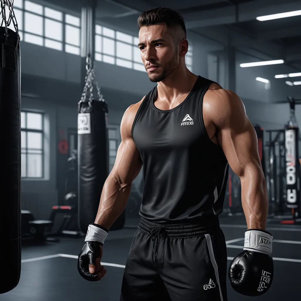 a man in a gym with a punching bag and punching gloves on his hands and chest, standing in front of a punching bag, photorealism, a 3D render, Alexander Kucharsky, unreal engine 5 quality render