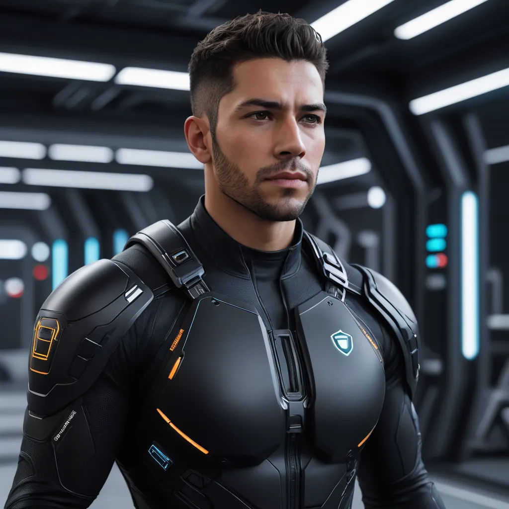 a man in a futuristic suit standing in a room with lights on the ceiling and a sci - fi fi theme, retrofuturism, a character portrait, Eve Ryder, unreal engine 5 quality render