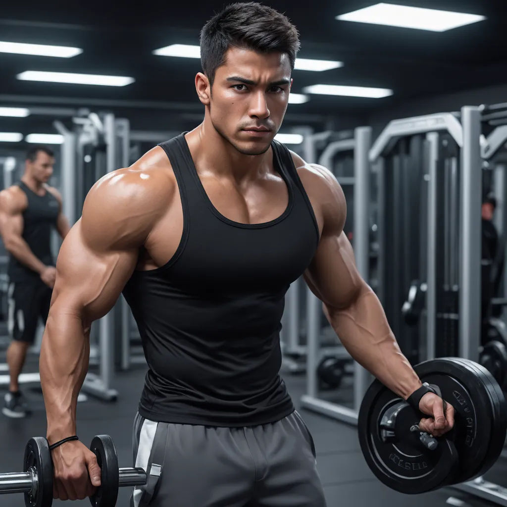 a man is holding a dumbbell in a gym with other men in the background in the background are lights, superflat, a stock photo, Daren Bader, masculine