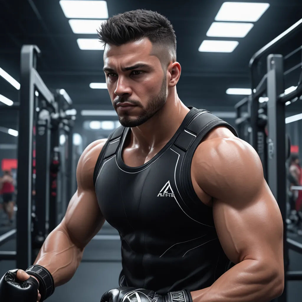 a man with a beard and a black shirt is in a gym with a pair of gloves on his hand, photorealism, a 3D render, Anthony Palumbo, arnold render