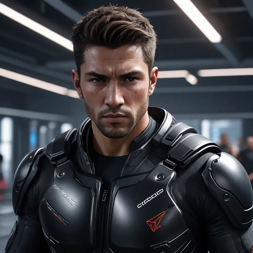 a man in a futuristic suit standing in a room with other people in the background and a ceiling light, photorealism, computer graphics, Eve Ryder, unreal engine 5 highly rendered