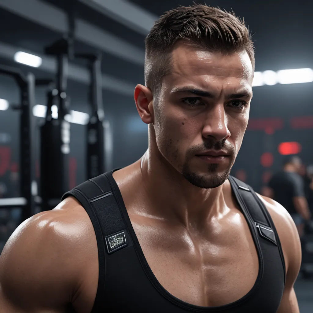 a man in a gym with a crossfit vest on and a barbell in the background with a man in the background, cobra, a character portrait, Dan Luvisi, product photo