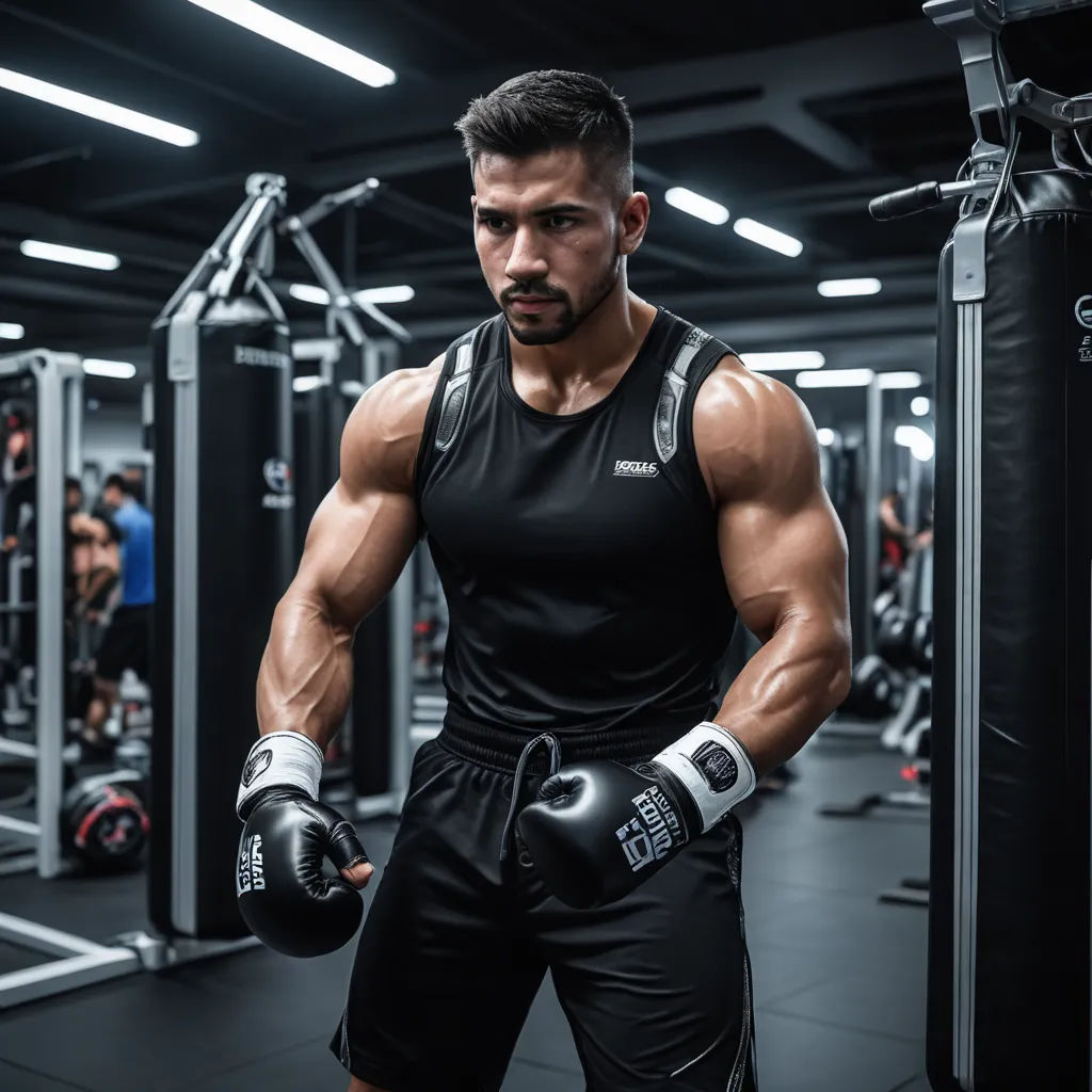 a man in a gym with a punching glove on his shoulder and a punching mitt on his shoulder, private press, a stock photo, Eddie Mendoza, hard focus