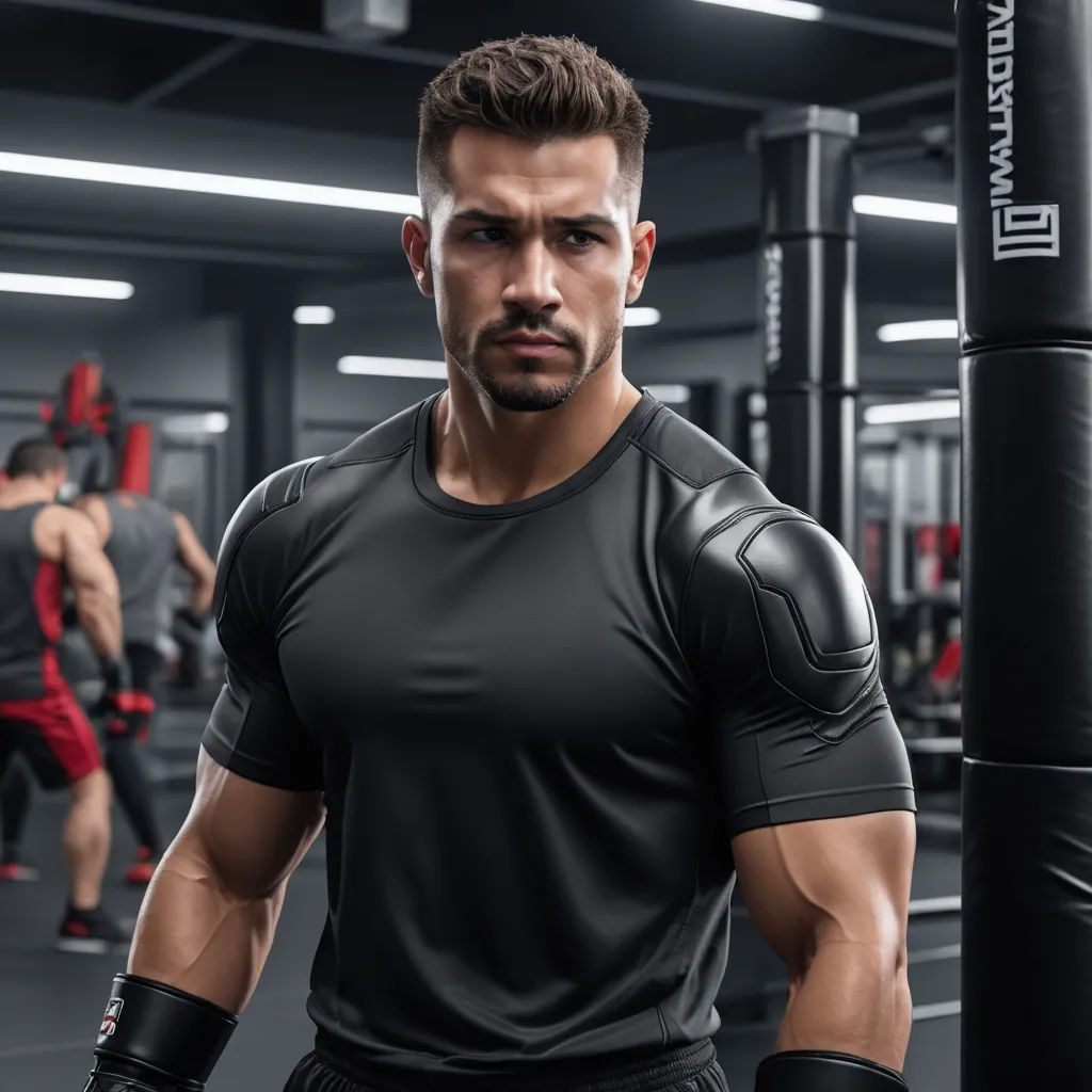 a man in a gym with a punching bag in his hand and a punching bag in his other hand, private press, a stock photo, Eddie Mendoza, detailed product photo