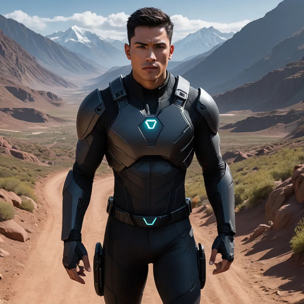 a man in a futuristic suit is standing on a dirt road in the mountains with a camera in his hand, photorealism, a character portrait, Eddie Mendoza, rossdraws global illumination