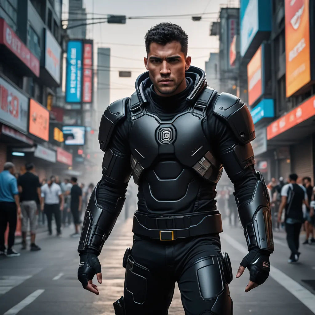a man in a futuristic suit walking down a street in a city with people walking around him and a lot of signs, panfuturism, a character portrait, Altichiero, unreal engine highly rendered