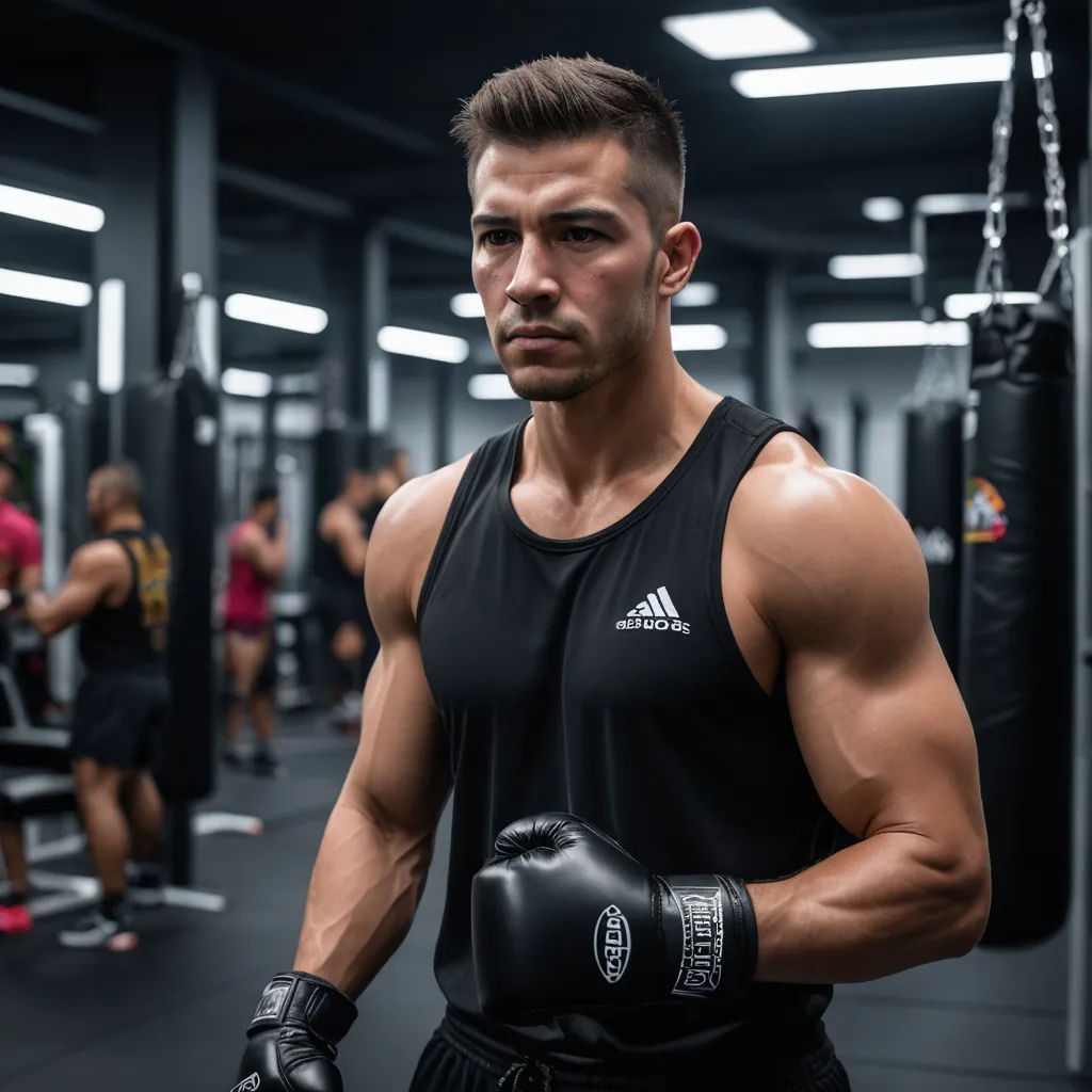 a man in a gym with a punching glove on his hand and a woman in the background behind him, new objectivity, a stock photo, Alexander Kucharsky, hard focus