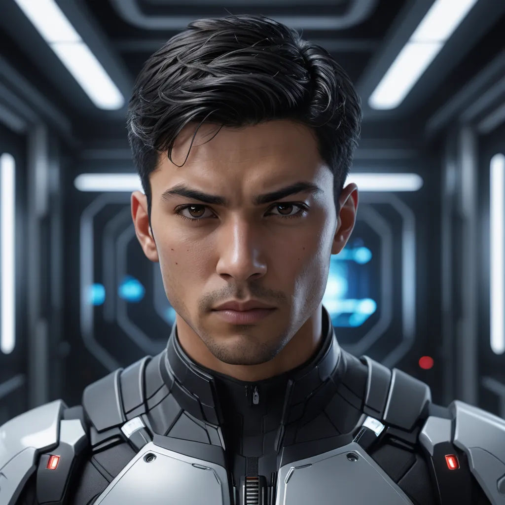 a man in a futuristic suit looking at the camera with a serious look on his face and shoulders, in a sci - fi setting, photorealism, a character portrait, Cedric Peyravernay, unreal 5 render