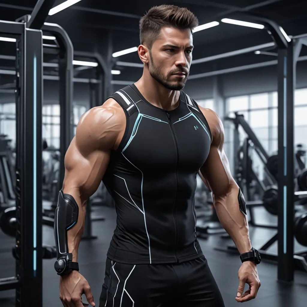 a man in a gym with a shoulder brace on his arm and a hand on his hip, standing in front of a gym machine, new objectivity, a stock photo, Alexander Kucharsky, detailed product photo