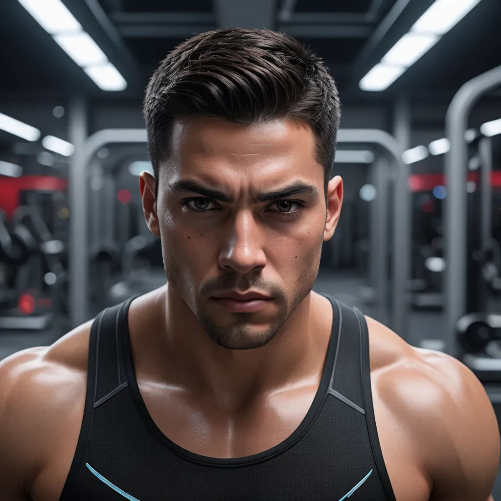 a man in a gym looking at the camera with a serious look on his face and chest, with a row of gym equipment in the background, cobra, a character portrait, Adam Dario Keel, masculine